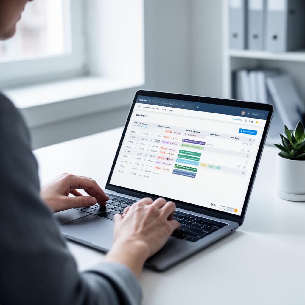Service business owner reviewing bookings on a laptop