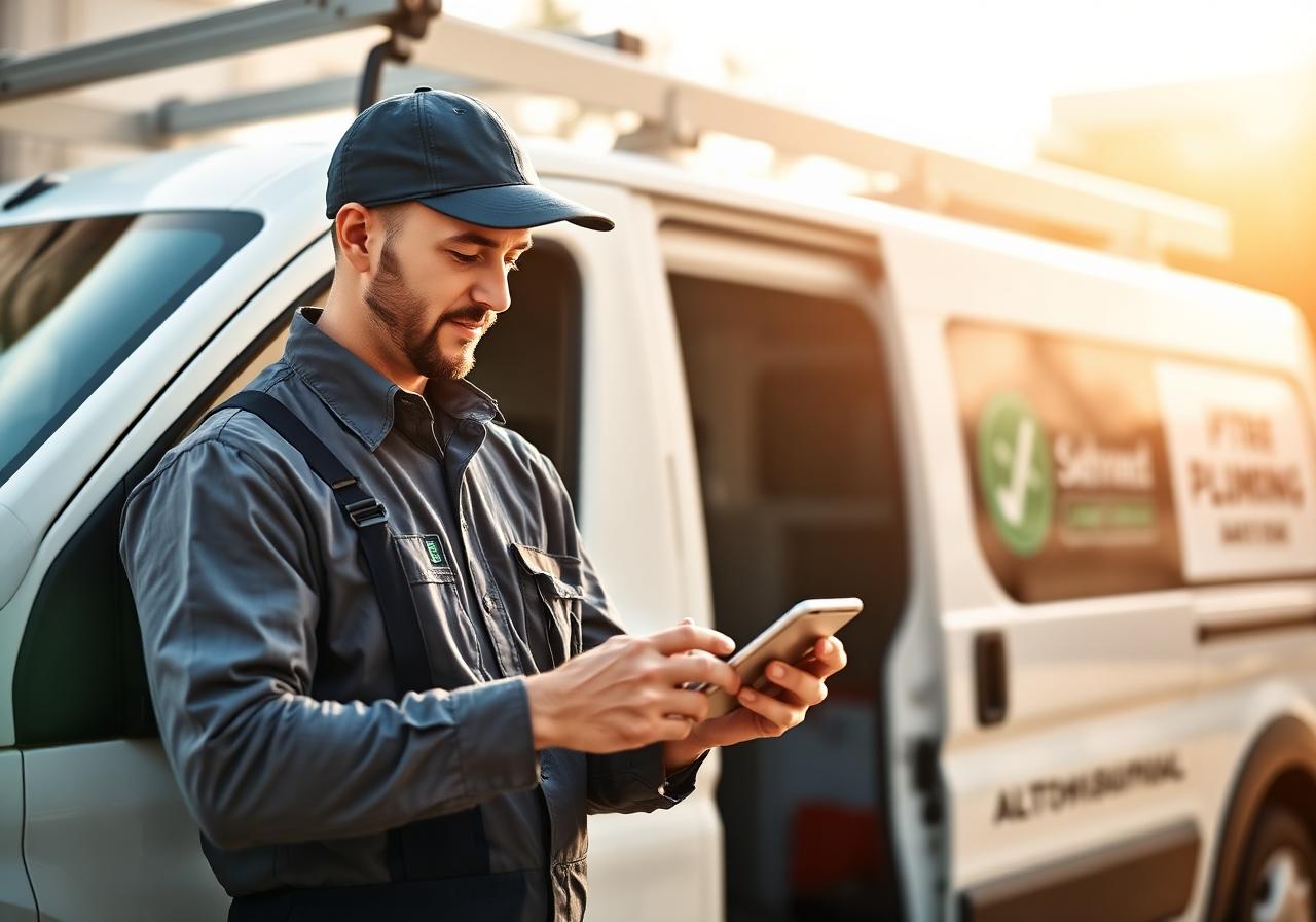 Plumber reviewing call details on phone